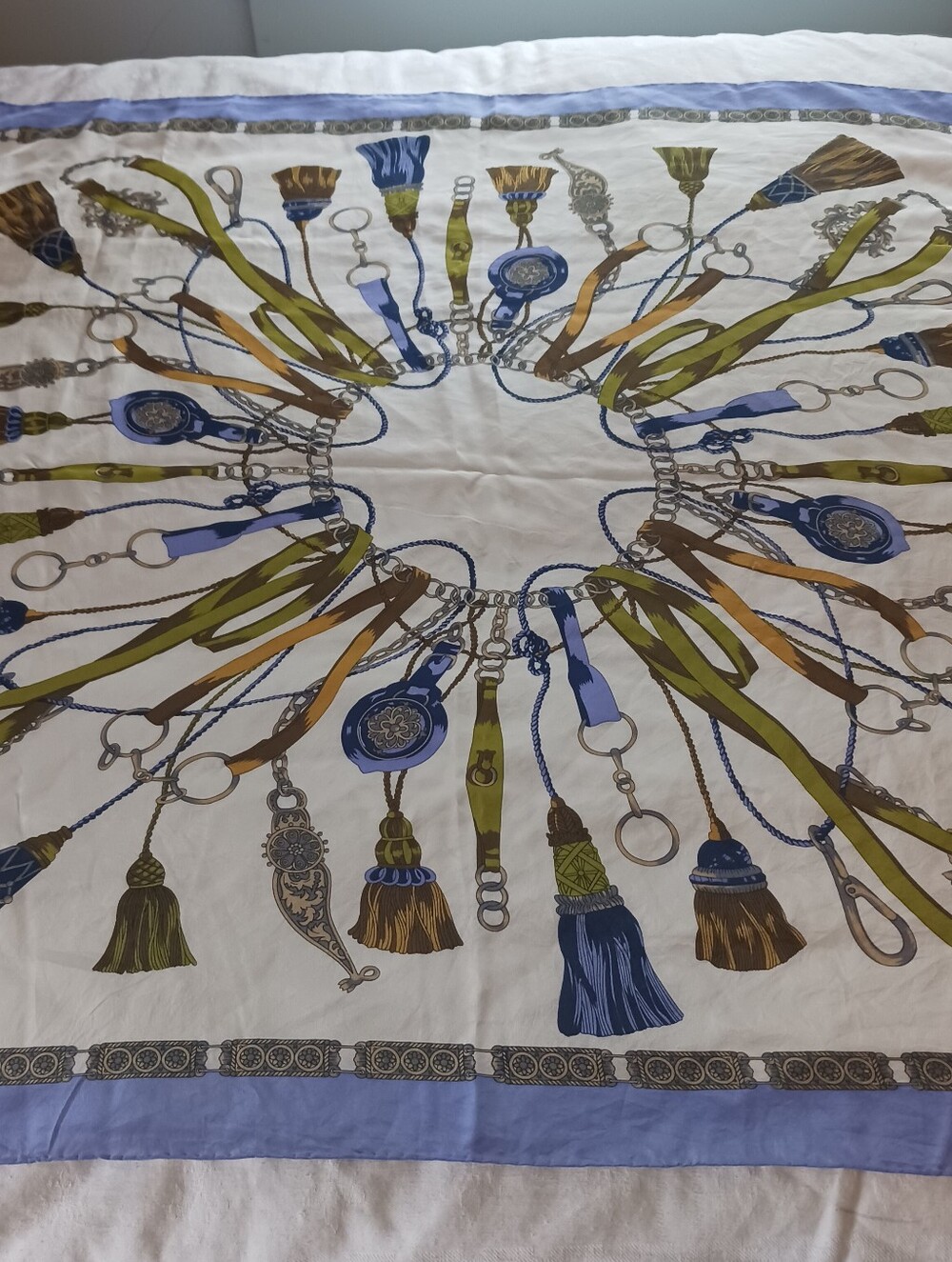 Decorative Tassel Print Scarf in Blue, Green, and Brown